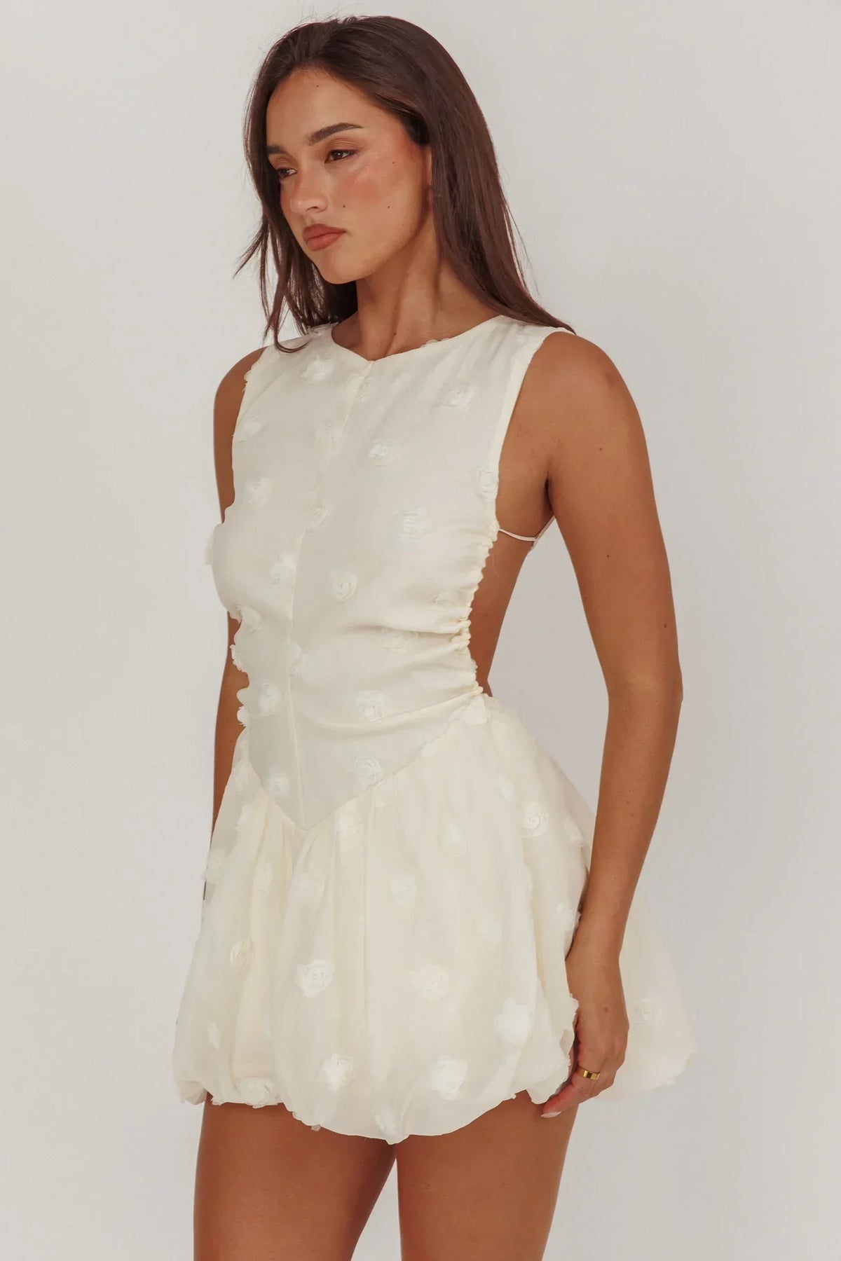 3D Rose Applique Sleeveless Open Back Bubble Hem Mini Dress