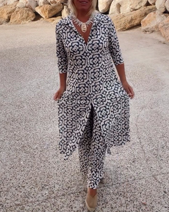 Medallion Print Button Front Tunic and Wide Leg Pants Two Piece Set