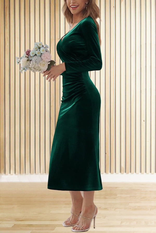 Solid Color Velvet Long Sleeve V-neck Slim Fit Fishtail Maxi Dress - View 15