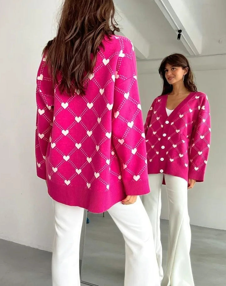 Heart Argyle Pattern V-Neck Button Front Pocket Oversized Cardigan 3