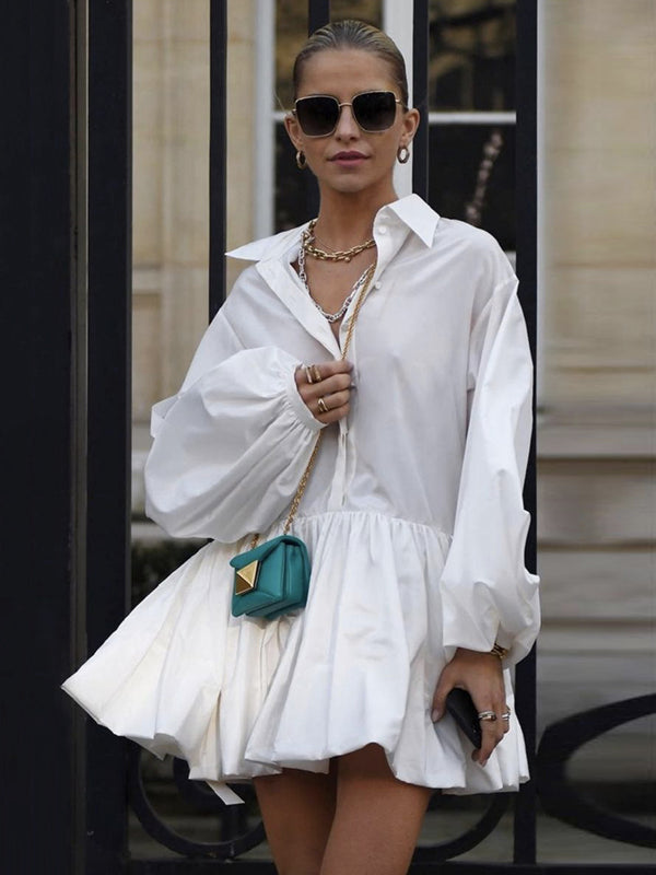 Puff Sleeve Collar Button Down Gathered Pleated Babydoll Mini Dress