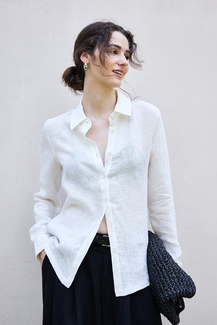 Semi Sheer Linen Look Collared Long Sleeve Slim Button Front Shirt 10