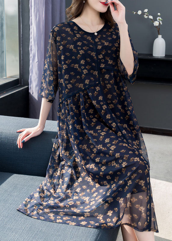 Floral Print Chiffon Round Neck Elbow Sleeve Sheer Overlay Tiered Relaxed Midi Dress
