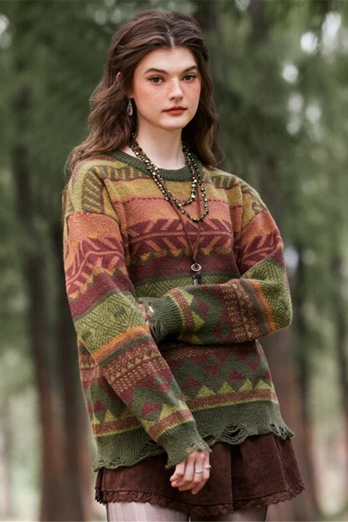 Distressed Geometric Knit Sweater