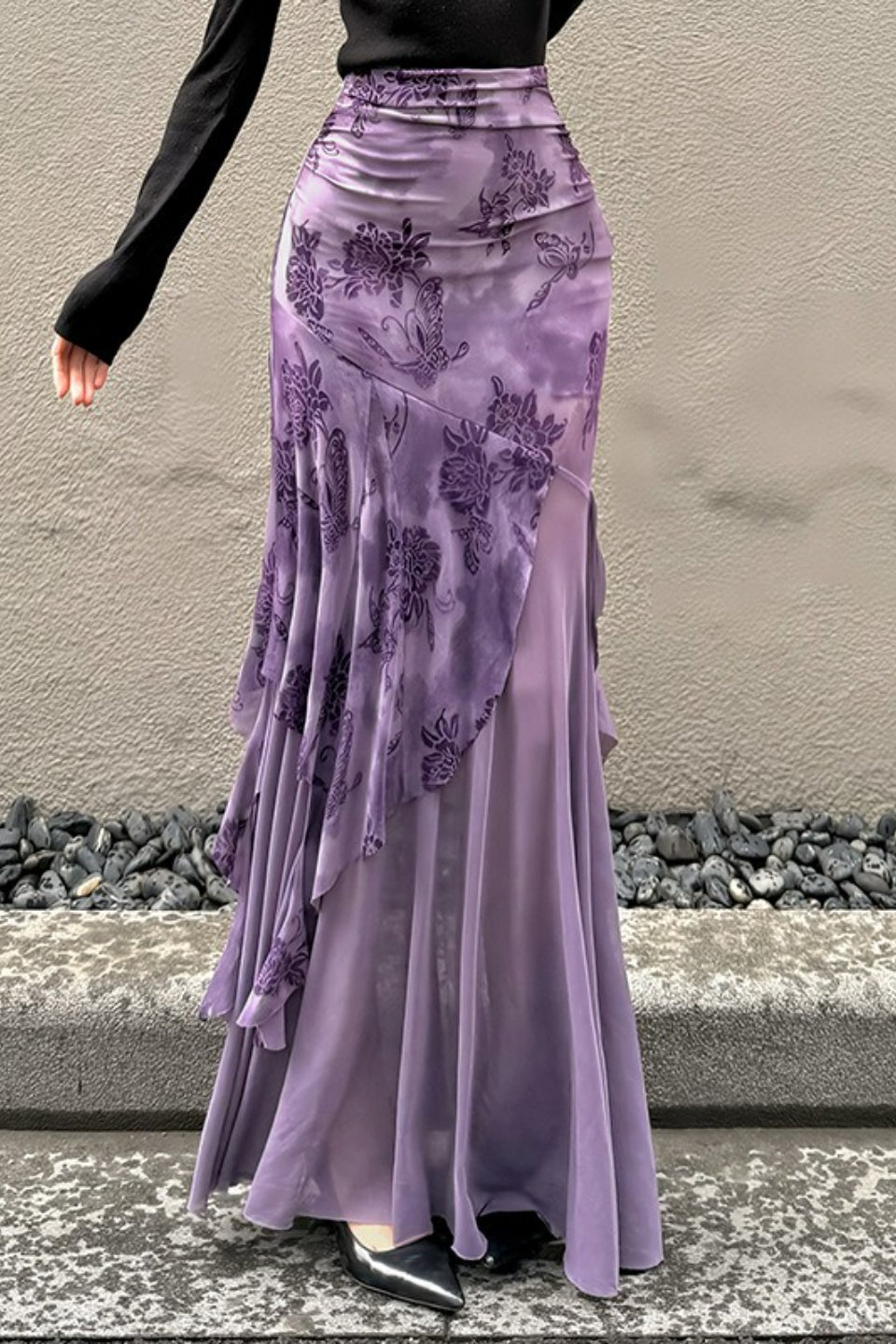 Floral Print Mesh Ruched Asymmetric Ruffle Mermaid Maxi Skirt 4