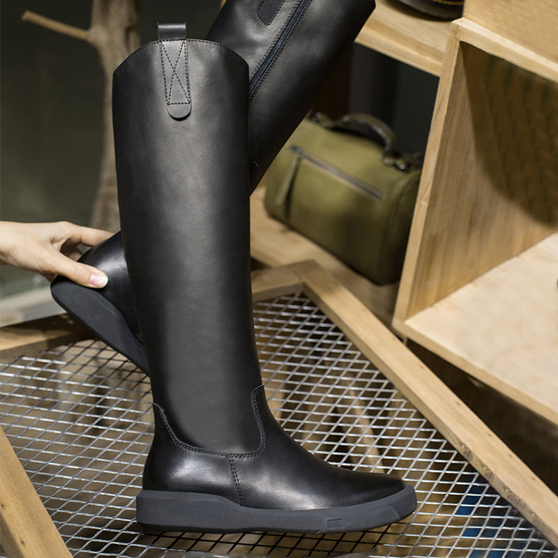 Handmade Soft��Leather Knee High Boots Side Zip Riding Boots in Black