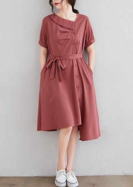 Asymmetric Collar Button Front Pocket Tie Belt A-Line Dress