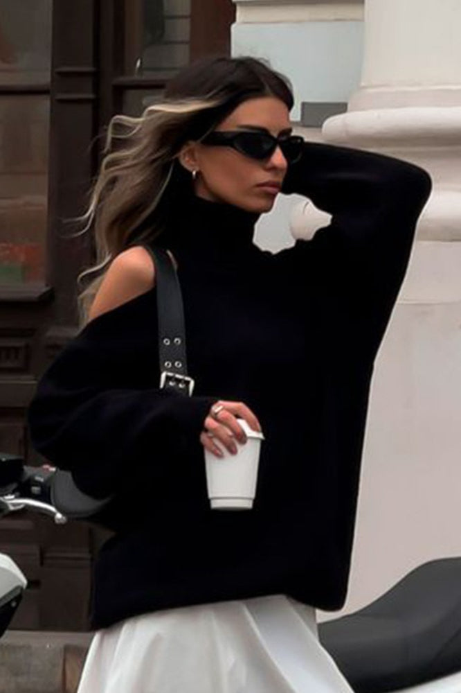 Off Shoulder High Neck Knit Sweater