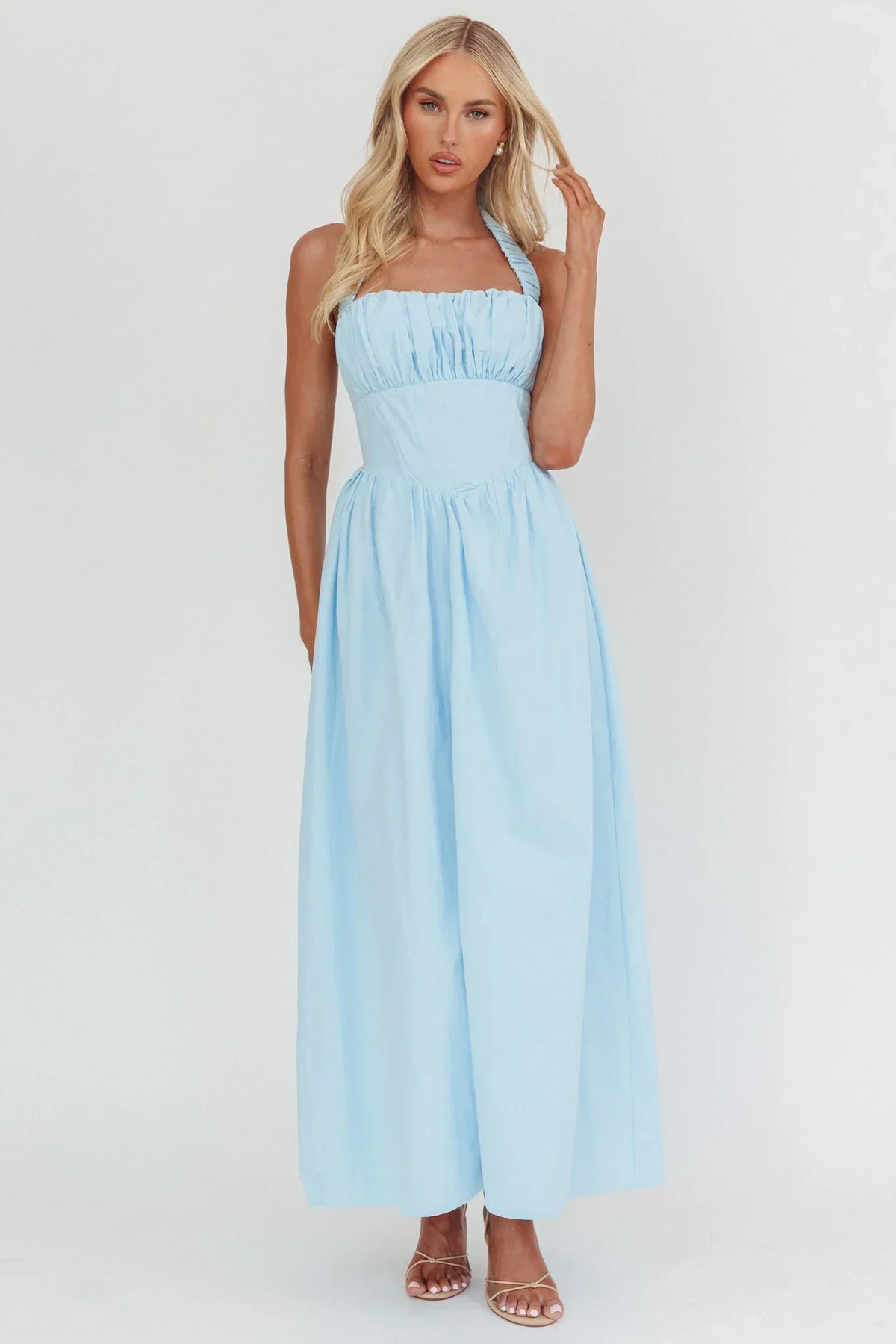 Ruched Bust Halter Neck Corset Waist A-Line Maxi Dress