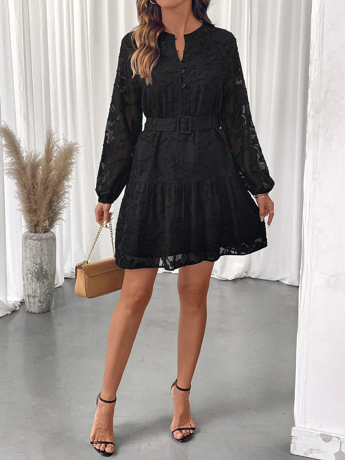 Textured Chiffon Button Front Balloon Sleeve Belted Tiered Mini Dress 6