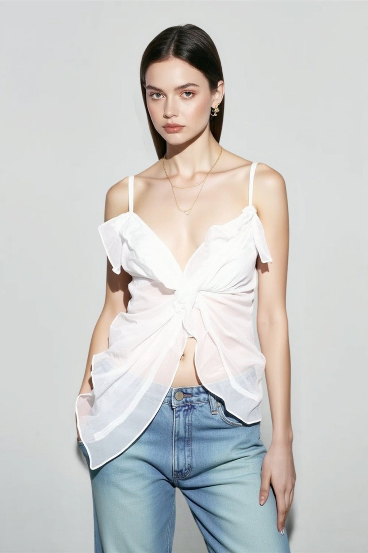 Sheer V-Neck Ruffle Trim Tie Front Babydoll Cami Top 2