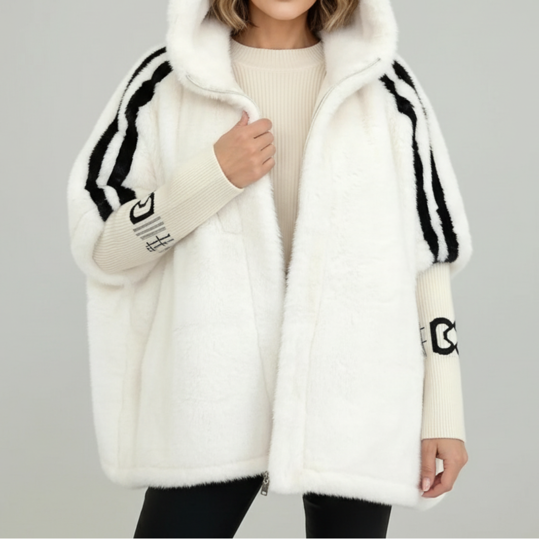Hooded Faux Fur Zip Front Poncho Jacket