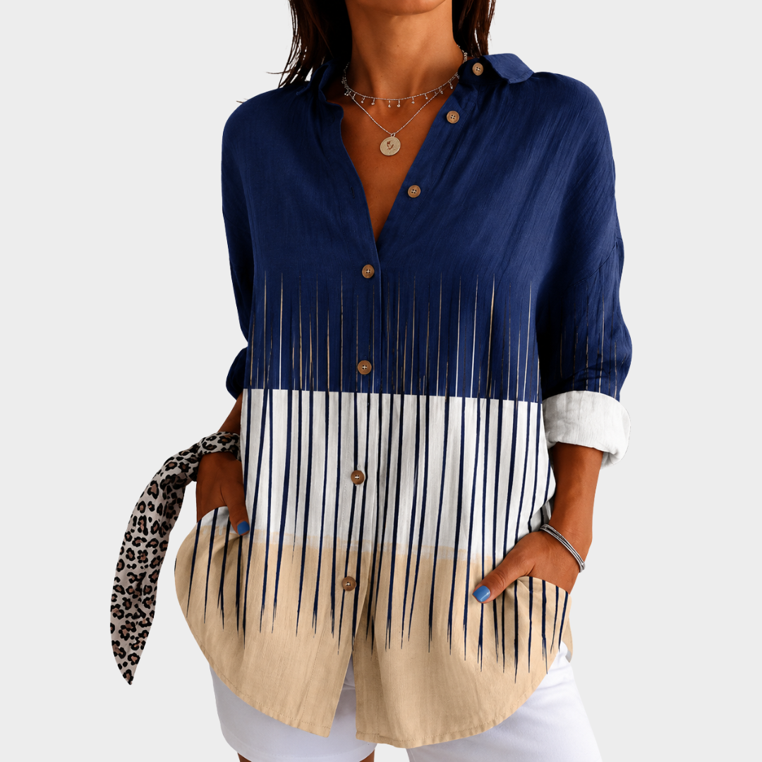 Colorblock Striped Print Collared Long Sleeve Button Blouse