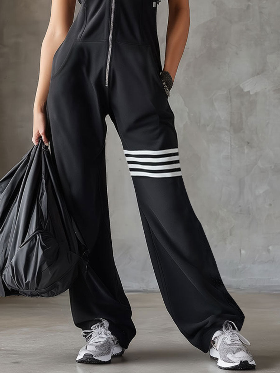Lace Trim Hooded Zip Front Sleeveless Wide Leg Jumpsuit