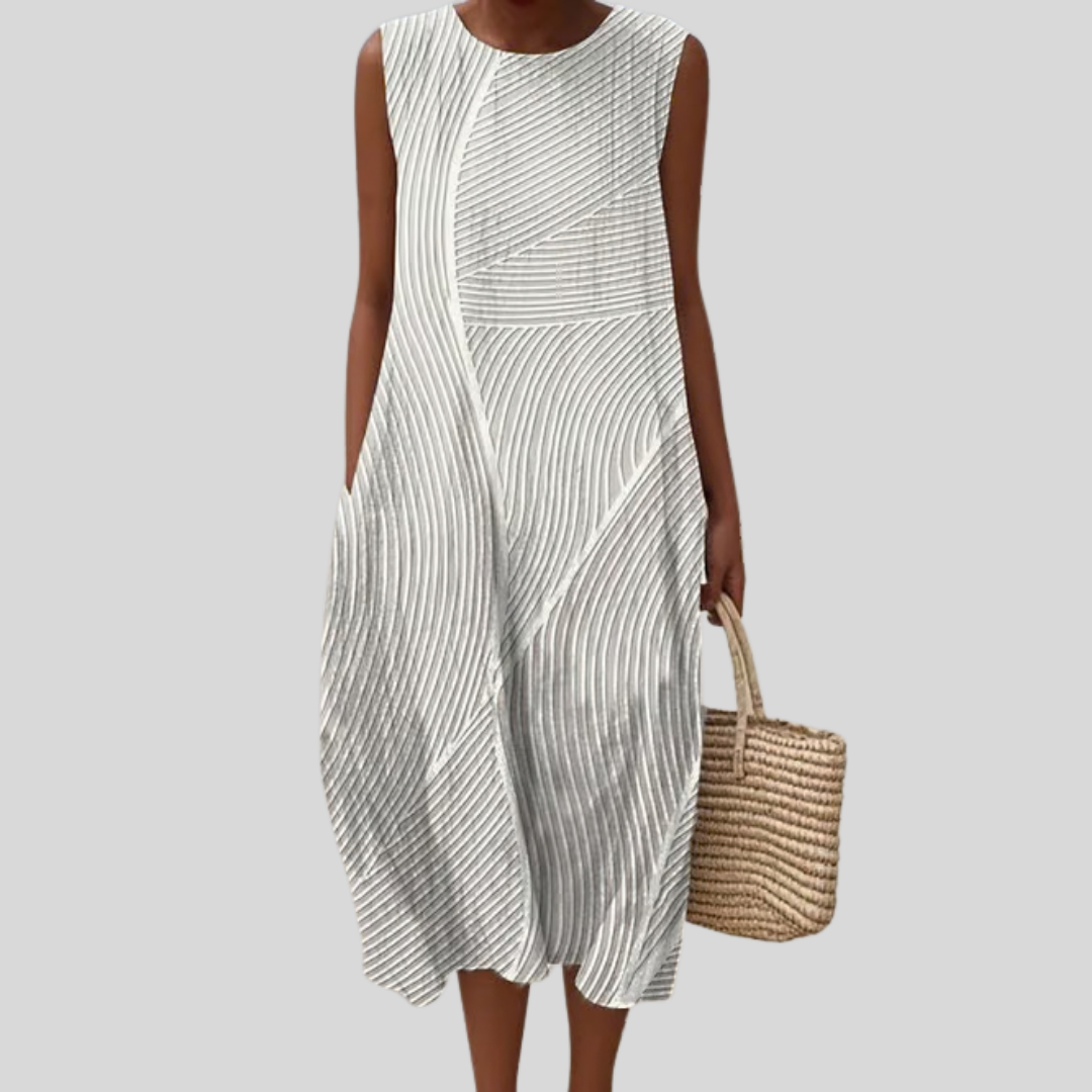 Textured Stripe Round Neck Sleeveless Pocket Midi Dress