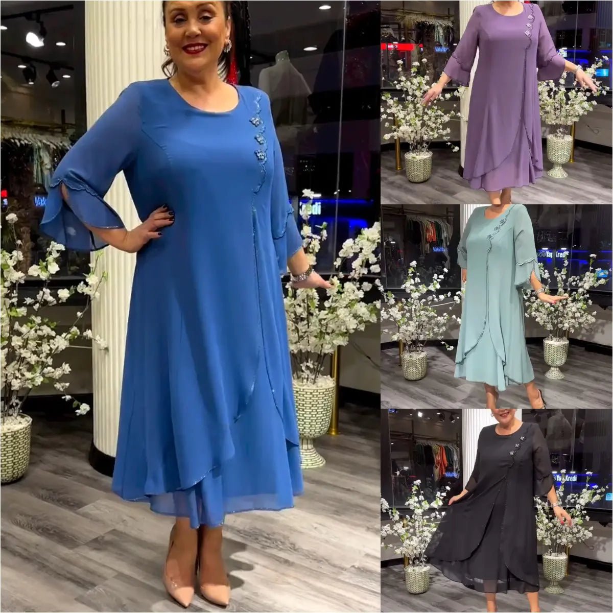 Chiffon Floral Applique Bell Sleeve Asymmetrical Tiered A-Line Midi Dress
