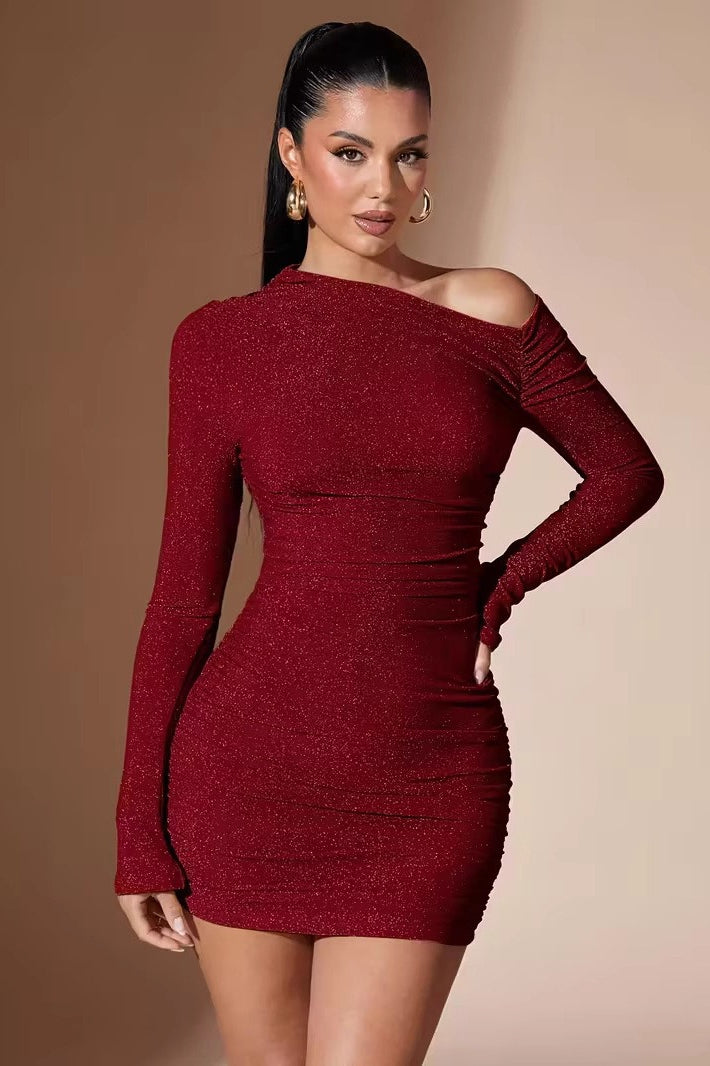 Glitter One Shoulder Long Sleeve Ruched Bodycon Mini Party Dress