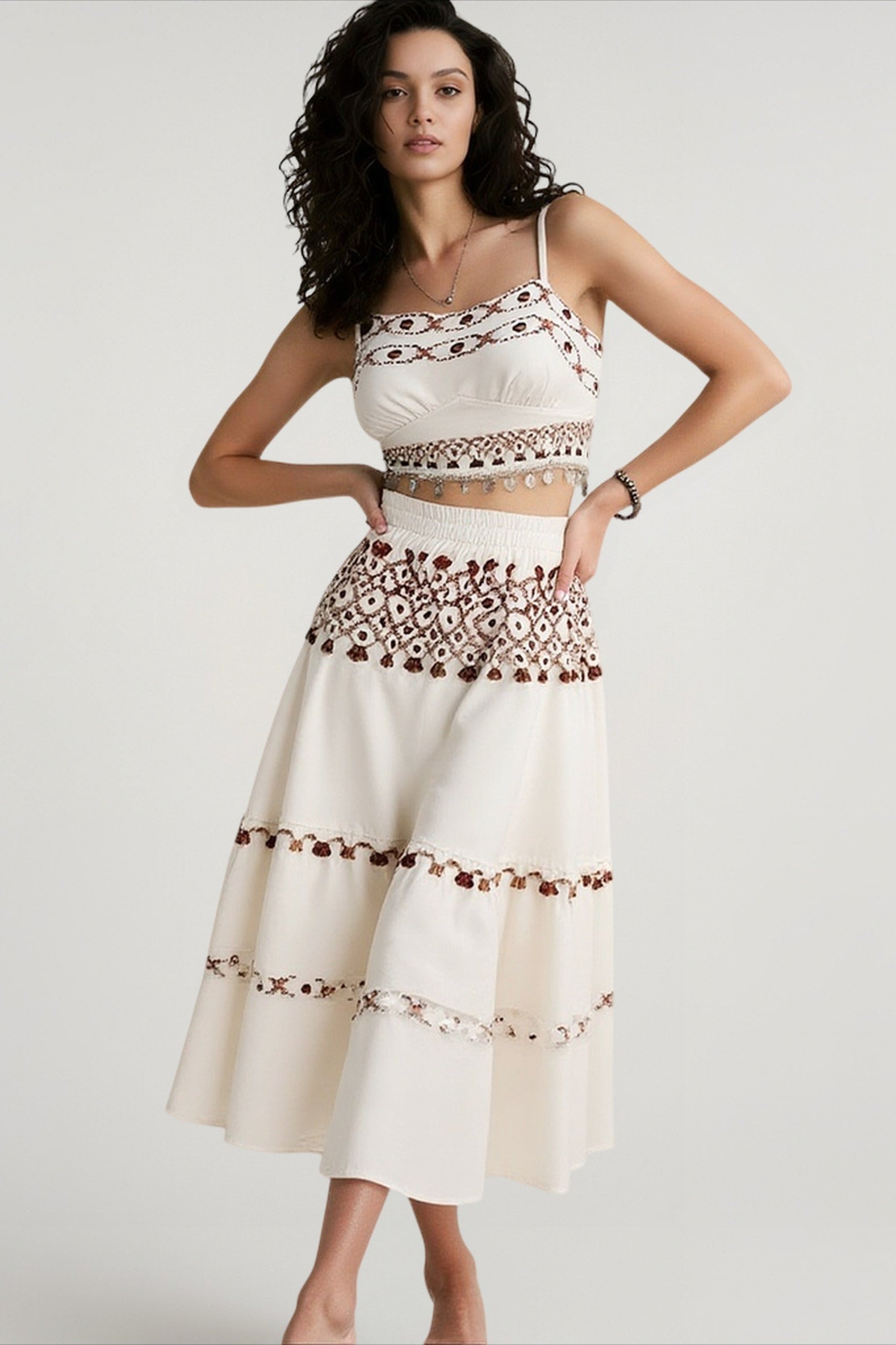 Bohemian Vacation Positioning Printed Beach Suit, Fringed Webbing Suspender Top Skirt Two-piece Set