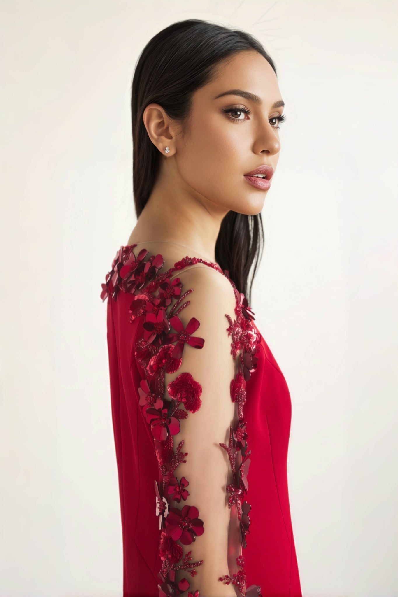 Thety Red 3D Floral Mesh Maxi Dress - View 3