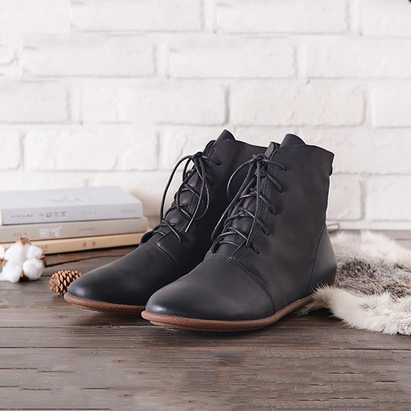Oxfords For Women Lace Up Flat Sole Ankle Boots Handmade Waxing��Leather Boots Black/Brown