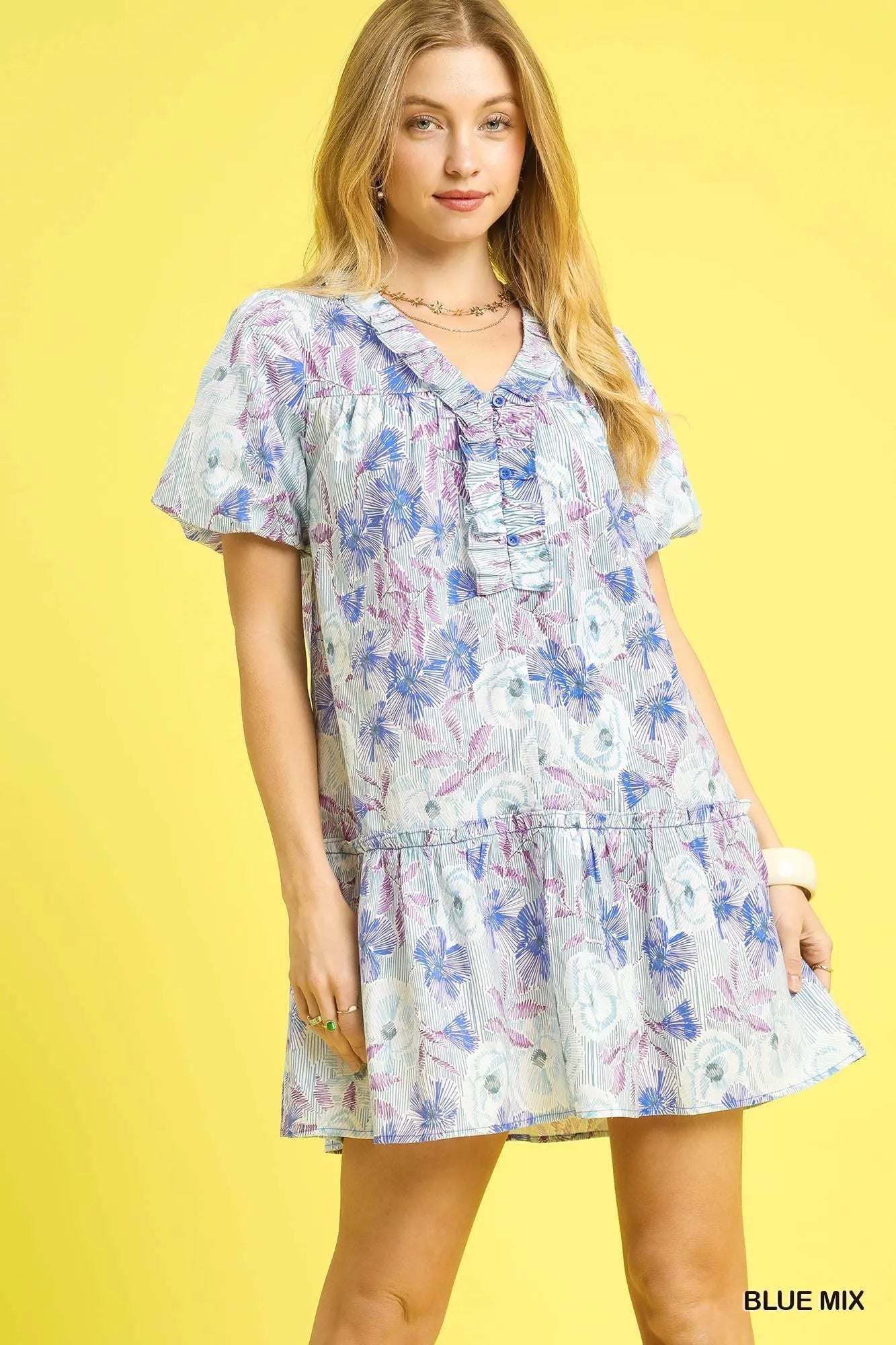 Blue Mix Floral Ruffled Puff Sleeve Mini Dress – Romantic Short Sleeve Summer Dress for Women BLUE MIX