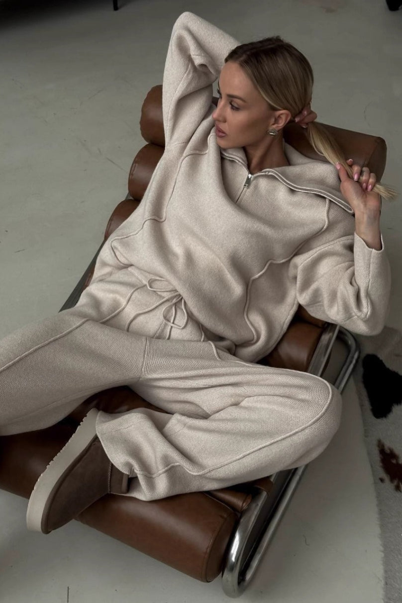 Turtleneck Half Zip Solid Pants Two Piece Set