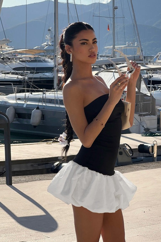 Strapless Bubble Hem Contrast Peplum Fit and Flare Mini Party Dress