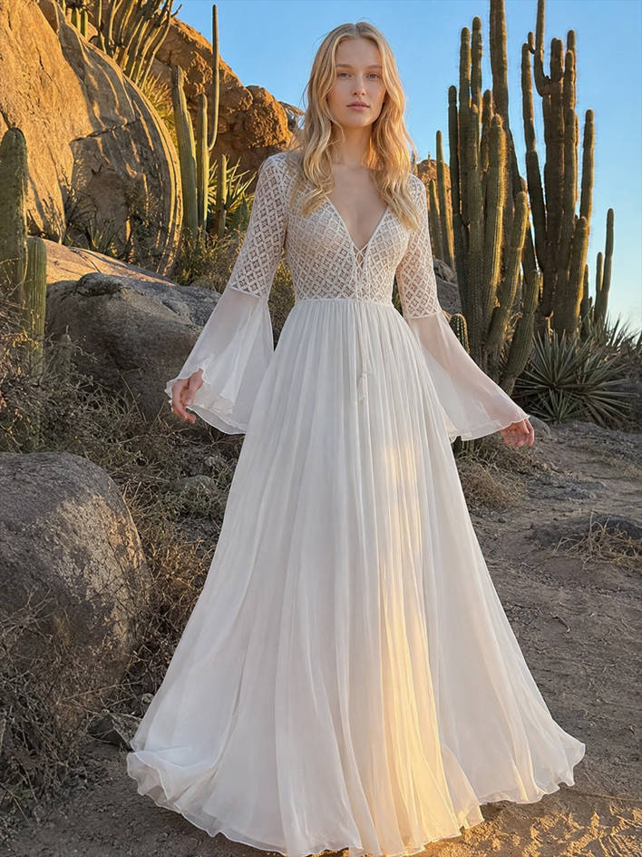 Lace Cutout Bell Sleeve Boho Dress