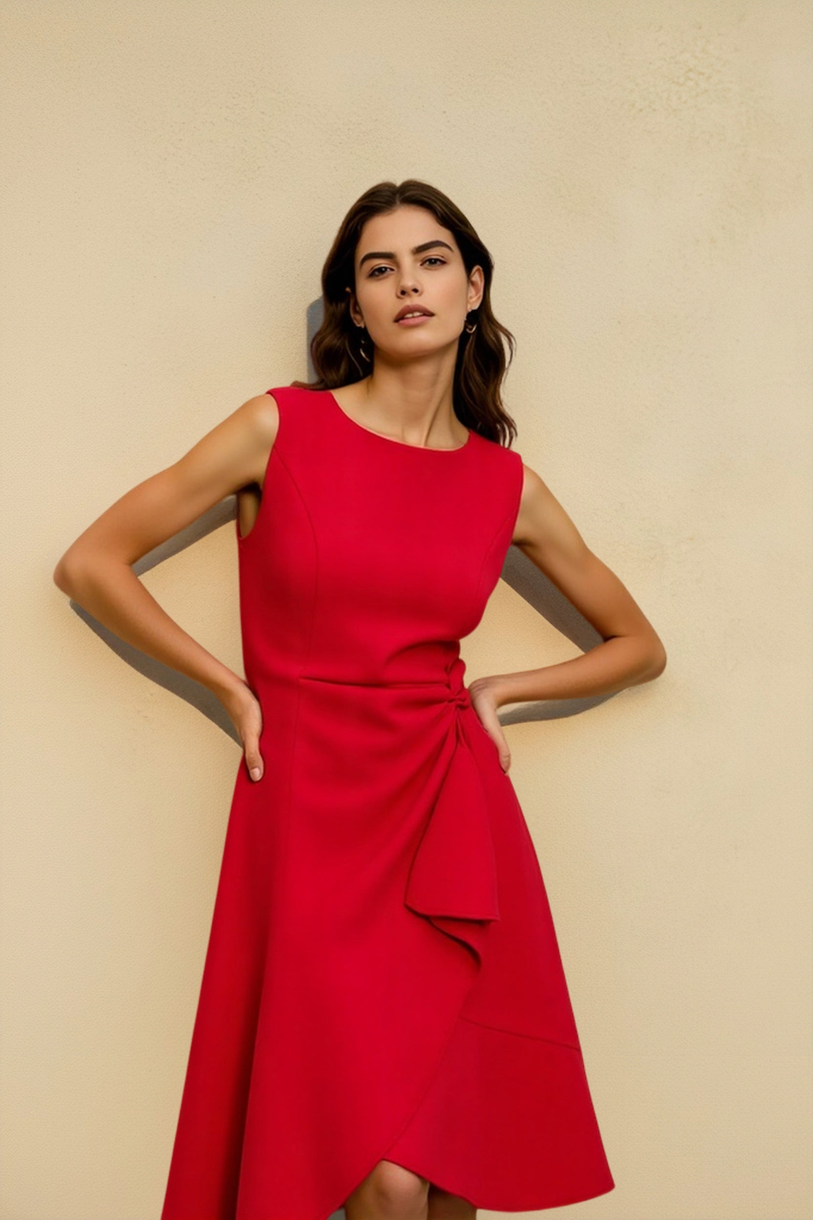 Crew Neck Sleeveless Tie Waist Tulip Wrap Midi Cocktail Dress