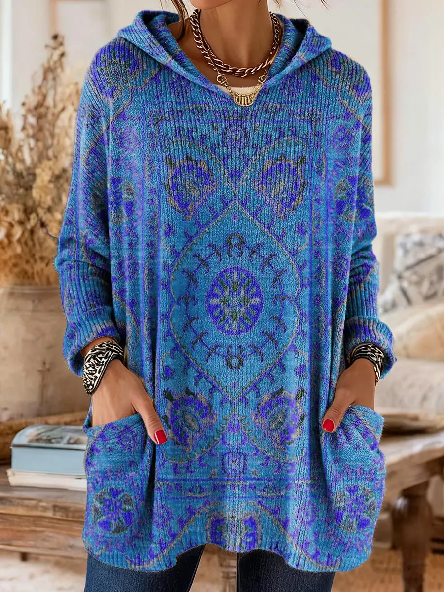 Medallion Print Hooded Oversized Tunic Sweater