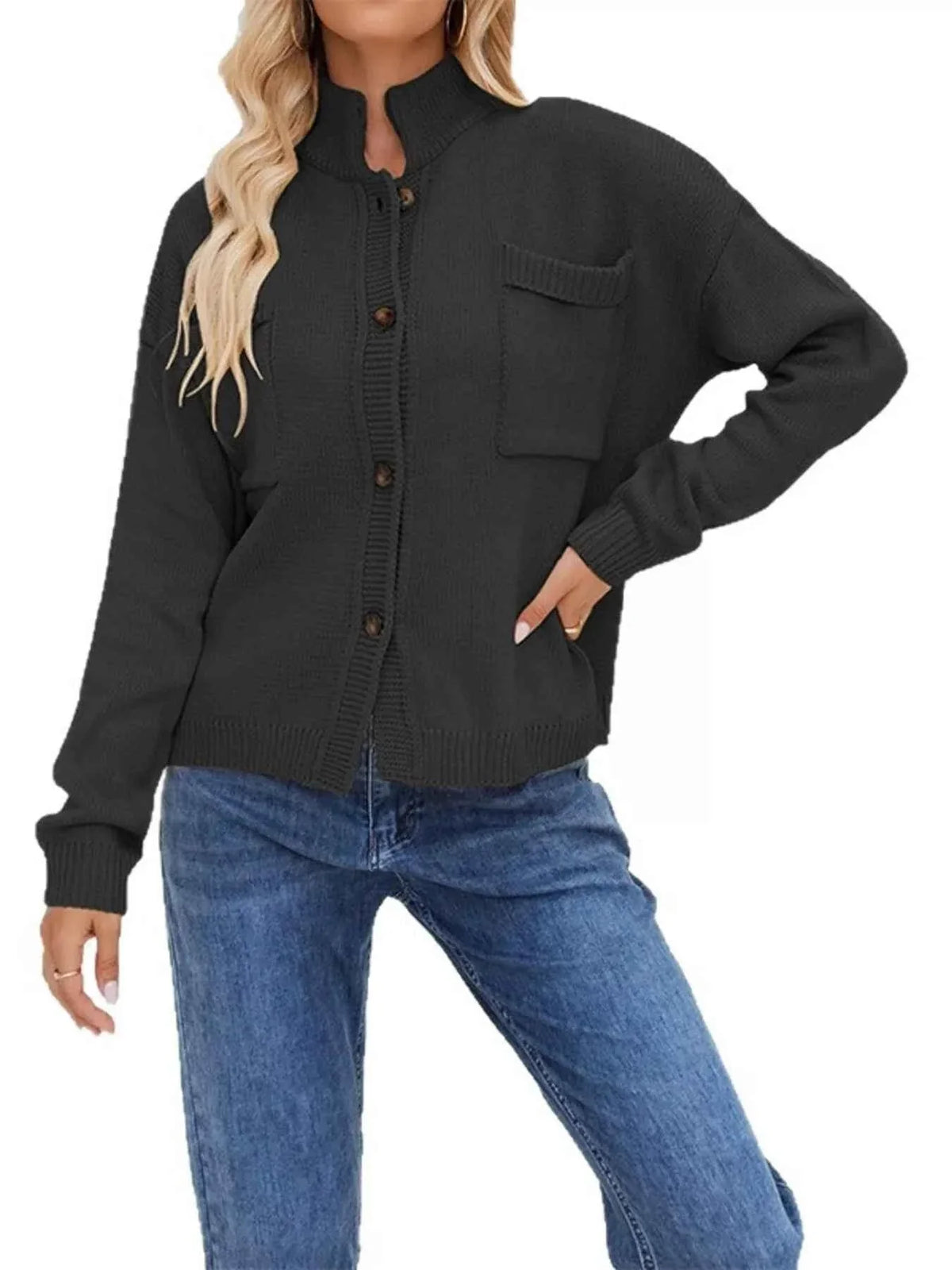 Mock Neck Button Front Dropped Shoulder Pocket Knit Cardigan 4