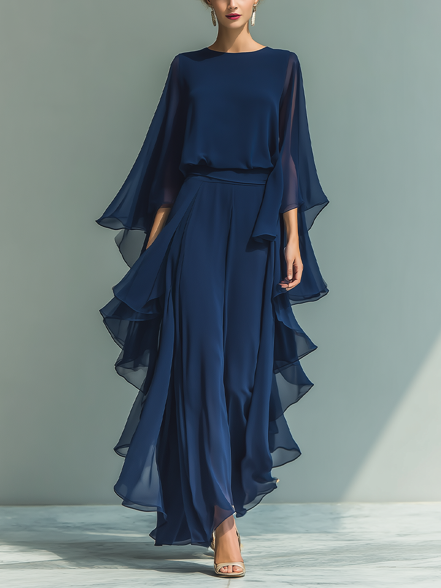Round Neck Cape Sleeve Ruffle Chiffon Maxi Dress