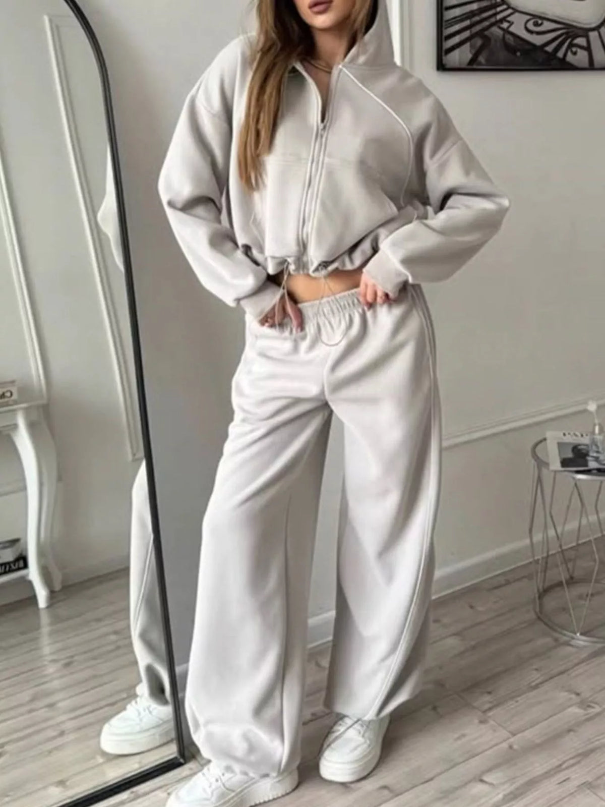 Fleece Zip Front Cropped Hoodie and Drawstring Hem Joggers Two Piece Set 23