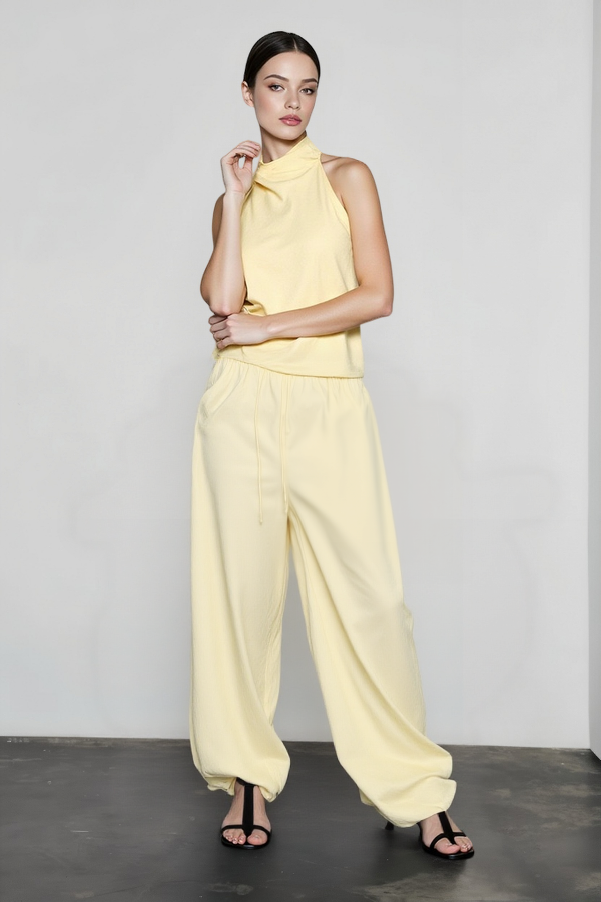 Cowl Halter Neck Sleeveless Top and Drawstring Balloon Pants Two Piece Set