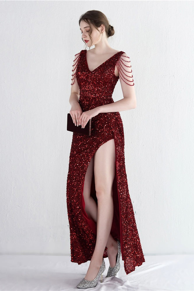 Sequin V-Neck Beaded Fringe High Split Mermaid Gown