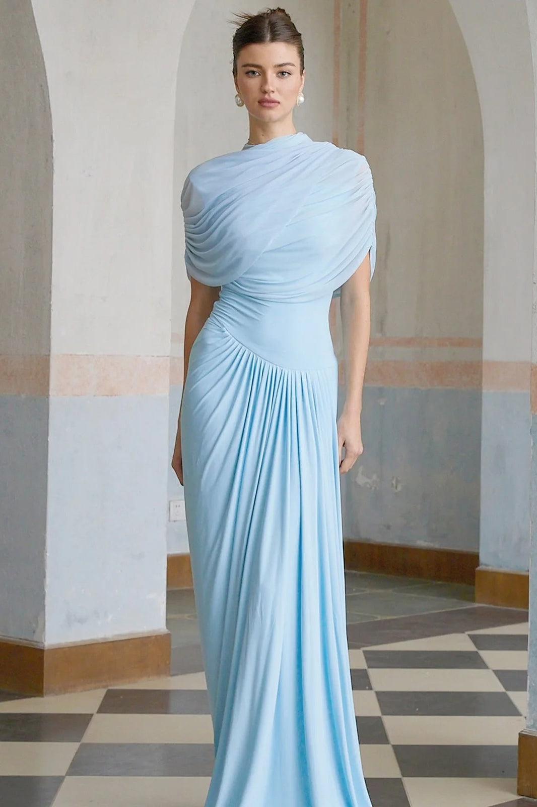 High Neck Draped Ruched Short Sleeve Maxi Gown