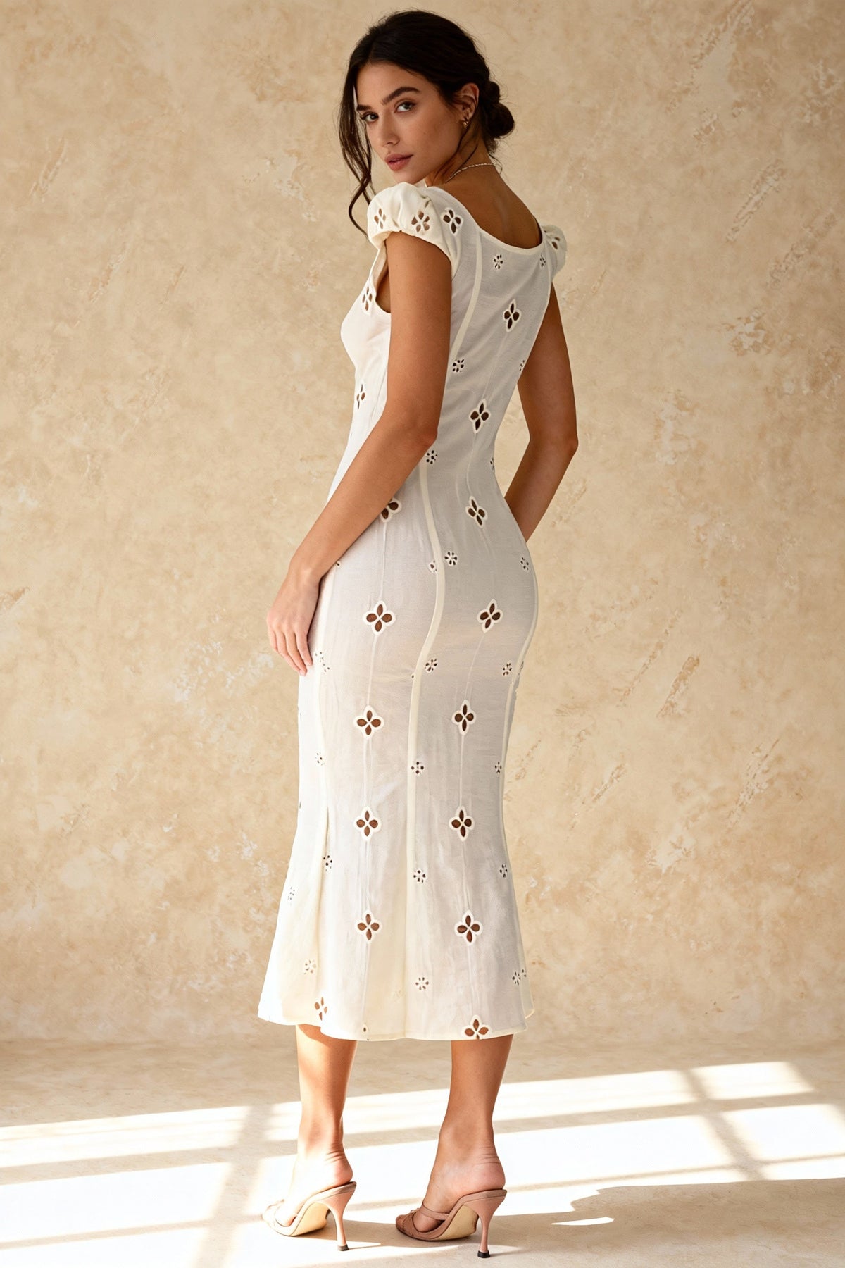 Eyelet Embroidered Cap Sleeve Keyhole Mermaid Hem Midi Dress 3