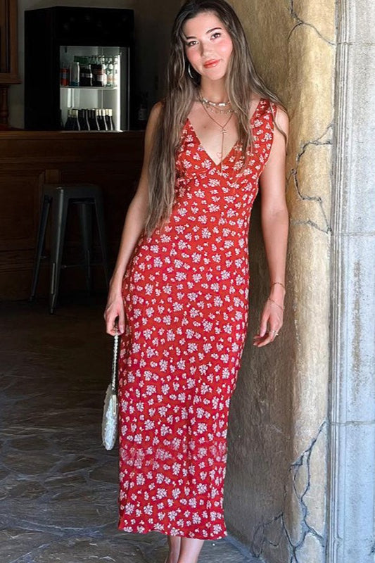 Deep V-Neck Floral Dress