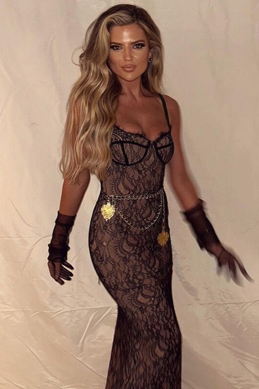 Lace Sweetheart Spaghetti Strap Sheer Mermaid Maxi Dress