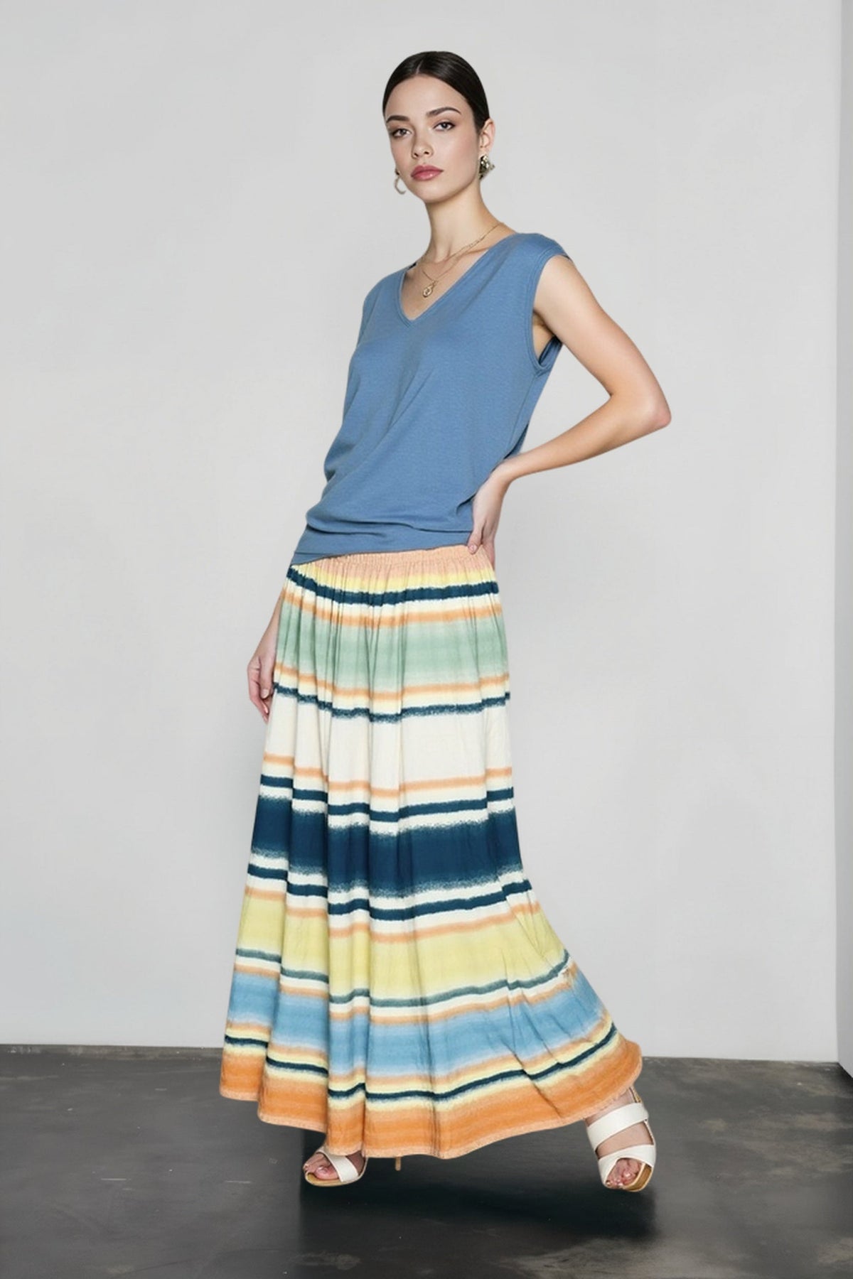 Striped Elastic Waist Tiered Flowy Maxi Skirt 2
