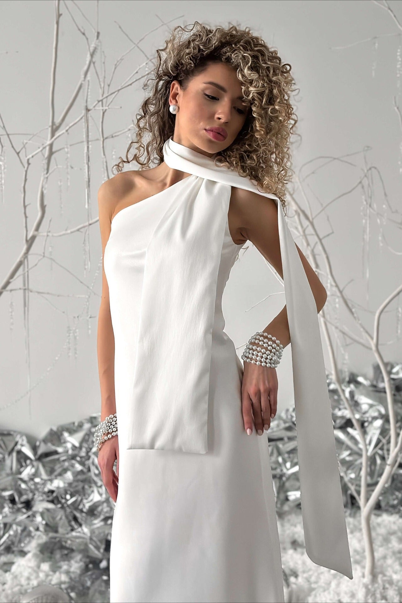 Satin Mock Neck Sash Tie Sleeveless Column Maxi Gown