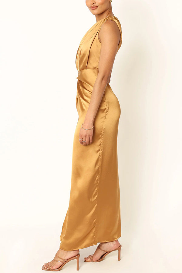 Special Event Satin Asymmetric One Shoulder Drape Slit Maxi Dress - View 5