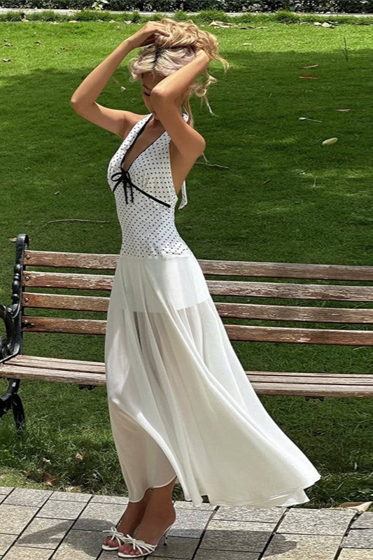 Floral Edition Print Polka Dot Backless Tie Maxi Dress