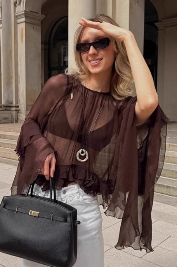 Sheer Retro Chiffon Flare Sleeve Long Sleeve Top