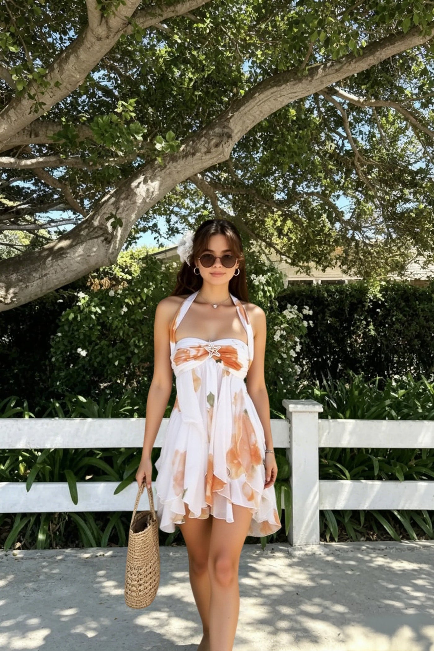 Printed Scarf Collar Mini Dress