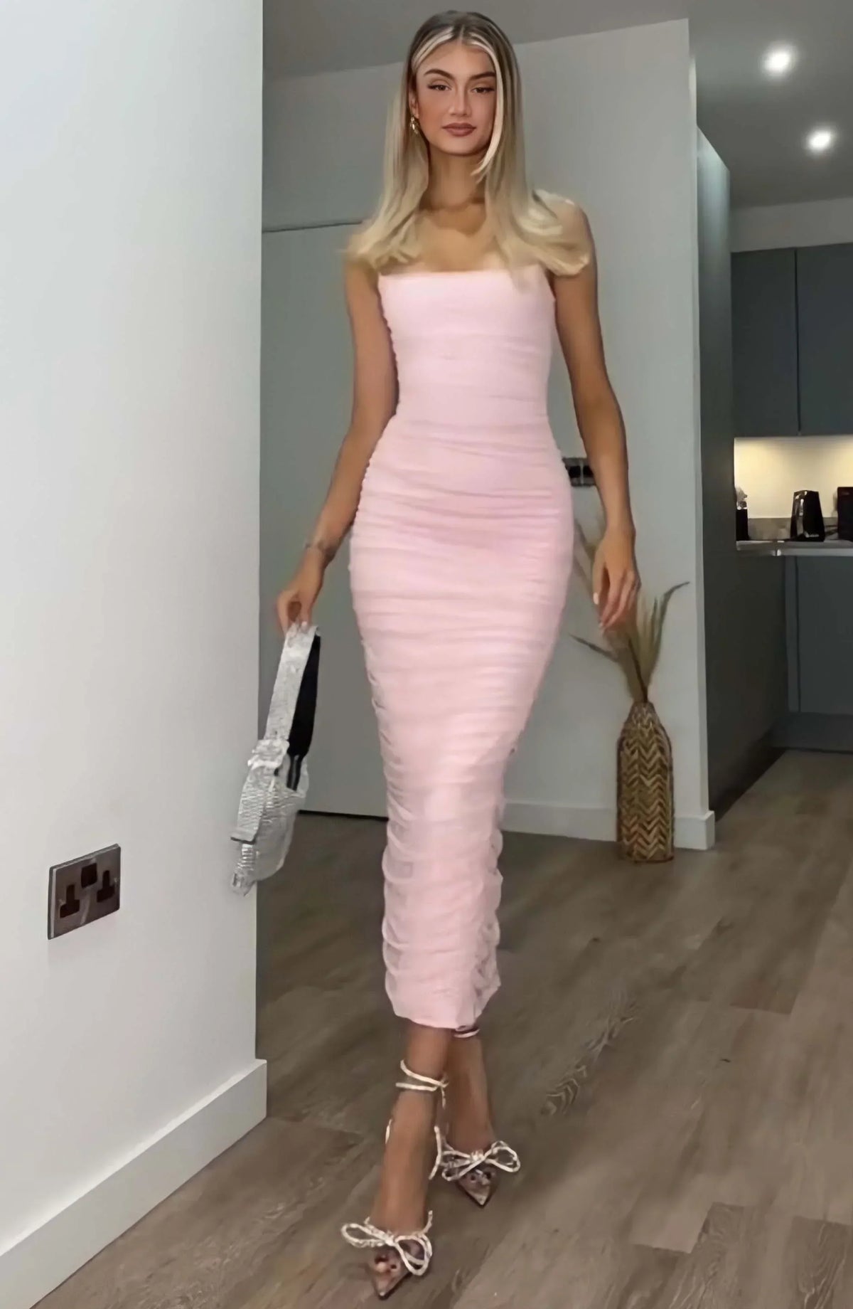 Mesh Strapless Ruched Bodycon Midi Dress