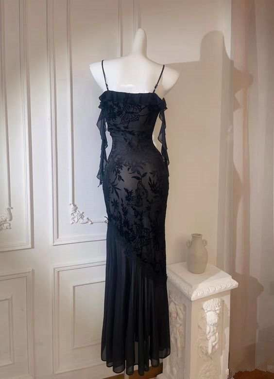 Charming Black Spaghetti Straps Mermaid Evening Dress Long Party Prom Dress cc1843