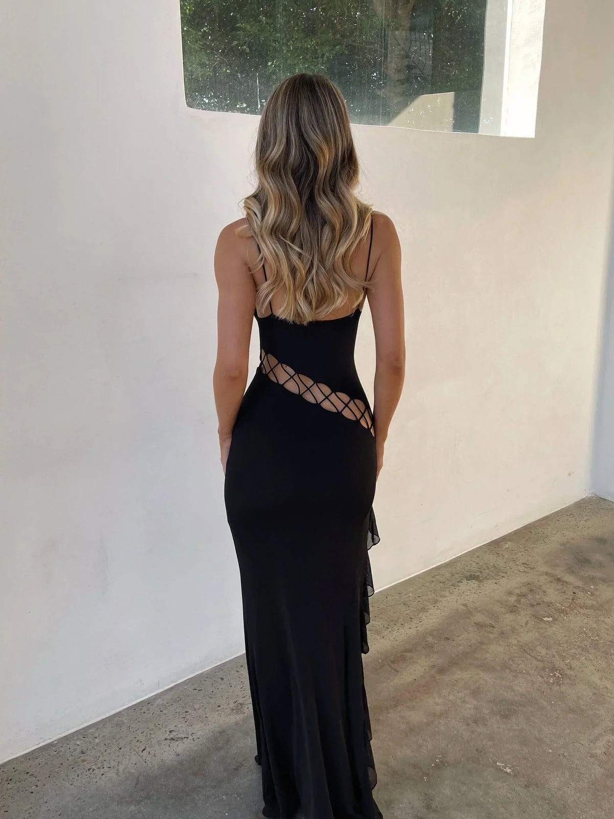 Plunge V-Neck Spaghetti Strap Lace Up Cut Out Ruffle High Split Maxi Dress 5