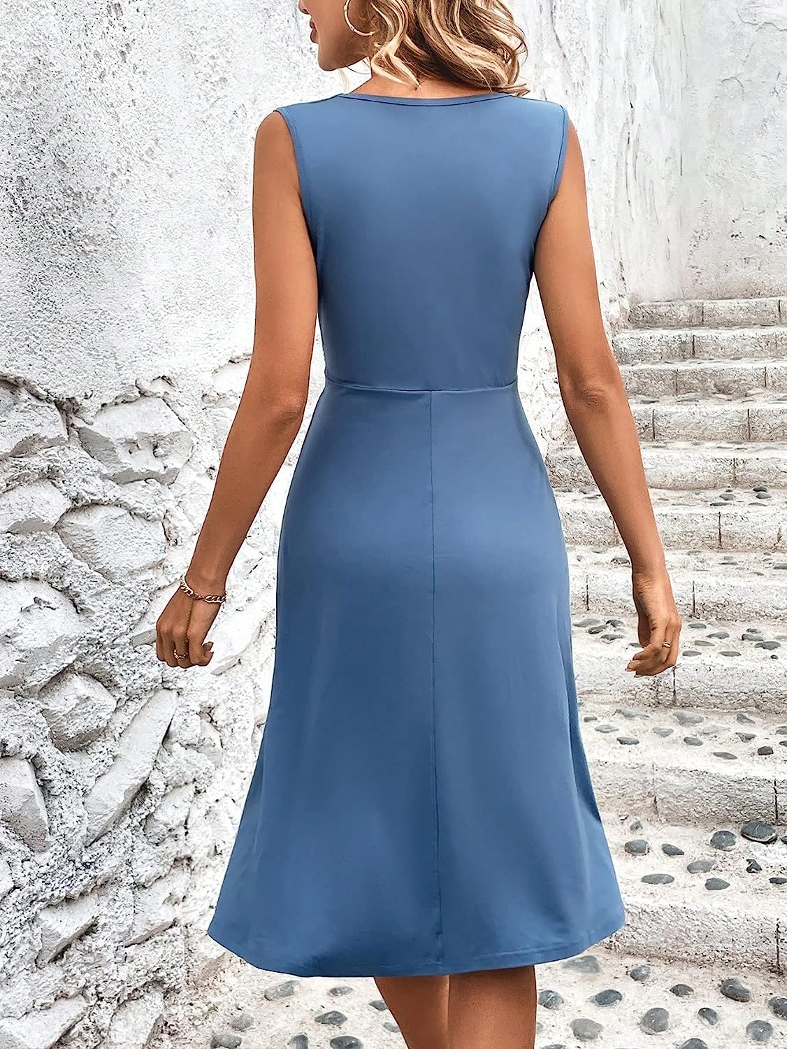 Sleeveless Deep V-Neck Wrap Pleated Waist A-Line Cocktail Midi Dress