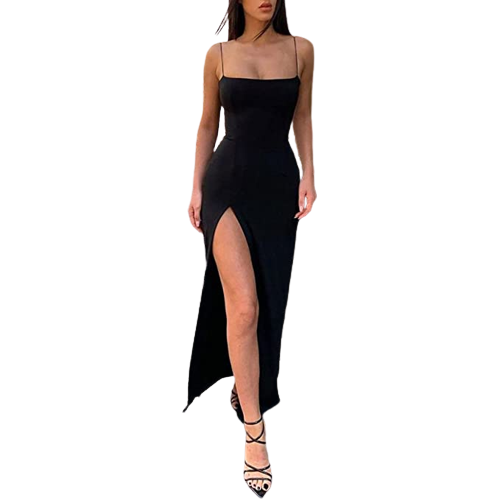 Spaghetti Strap Square Neck Princess Seam Bodycon High Split Maxi Dress